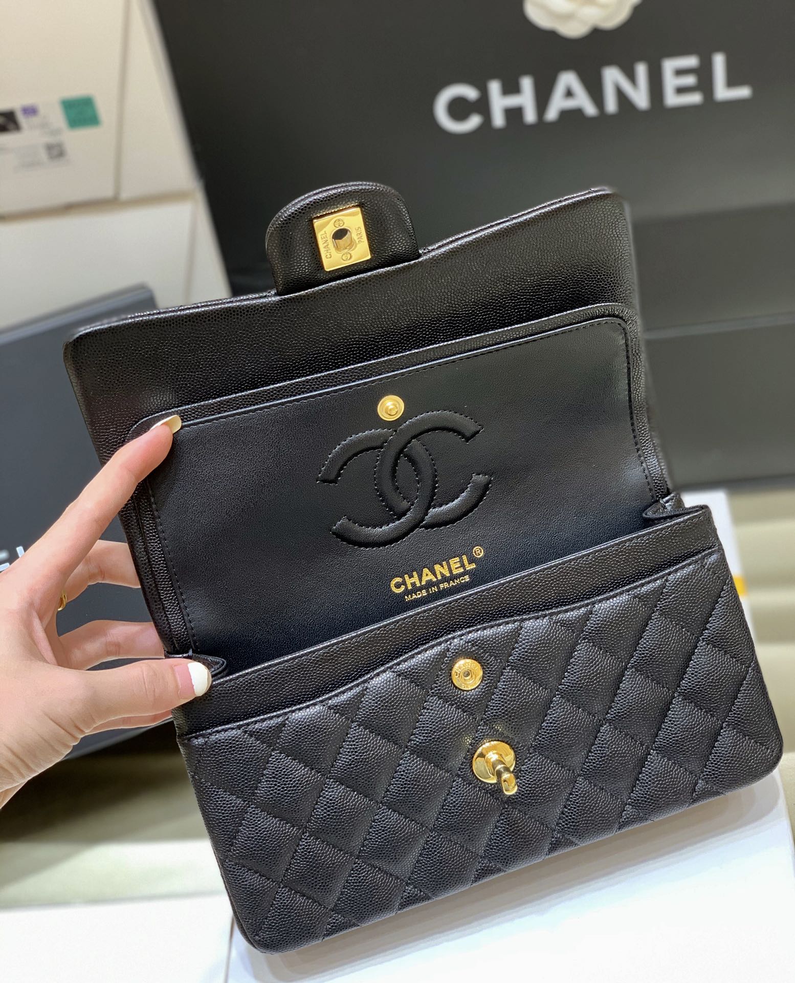 Ch@nel Flap Bag-(Black Inside)Caviar-23CM