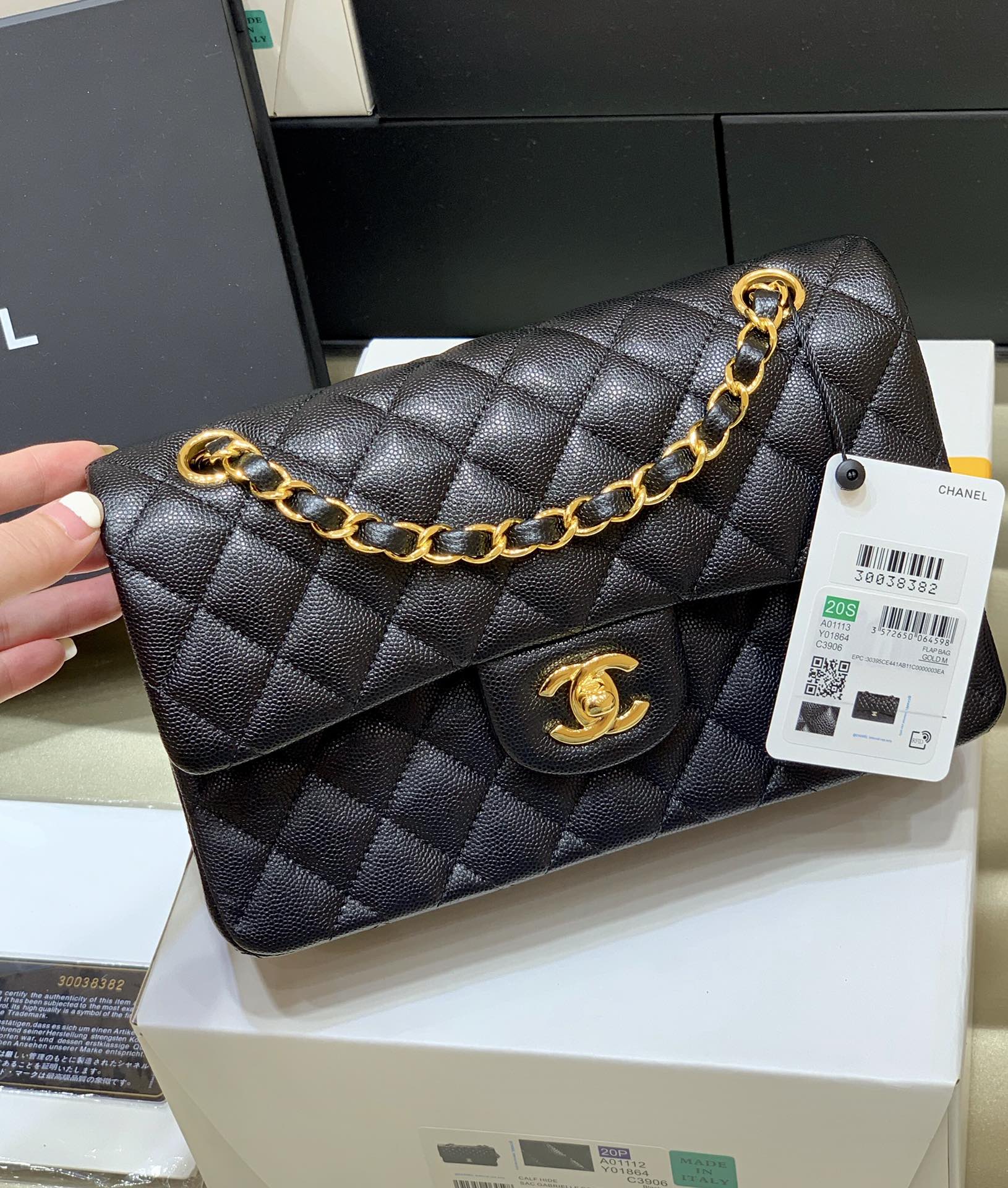 Ch@nel Flap Bag-(Black Inside)Caviar-23CM