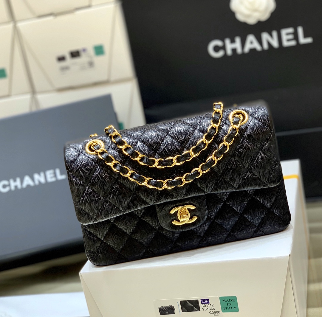 Ch@nel Flap Bag-(Black Inside)Caviar-23CM