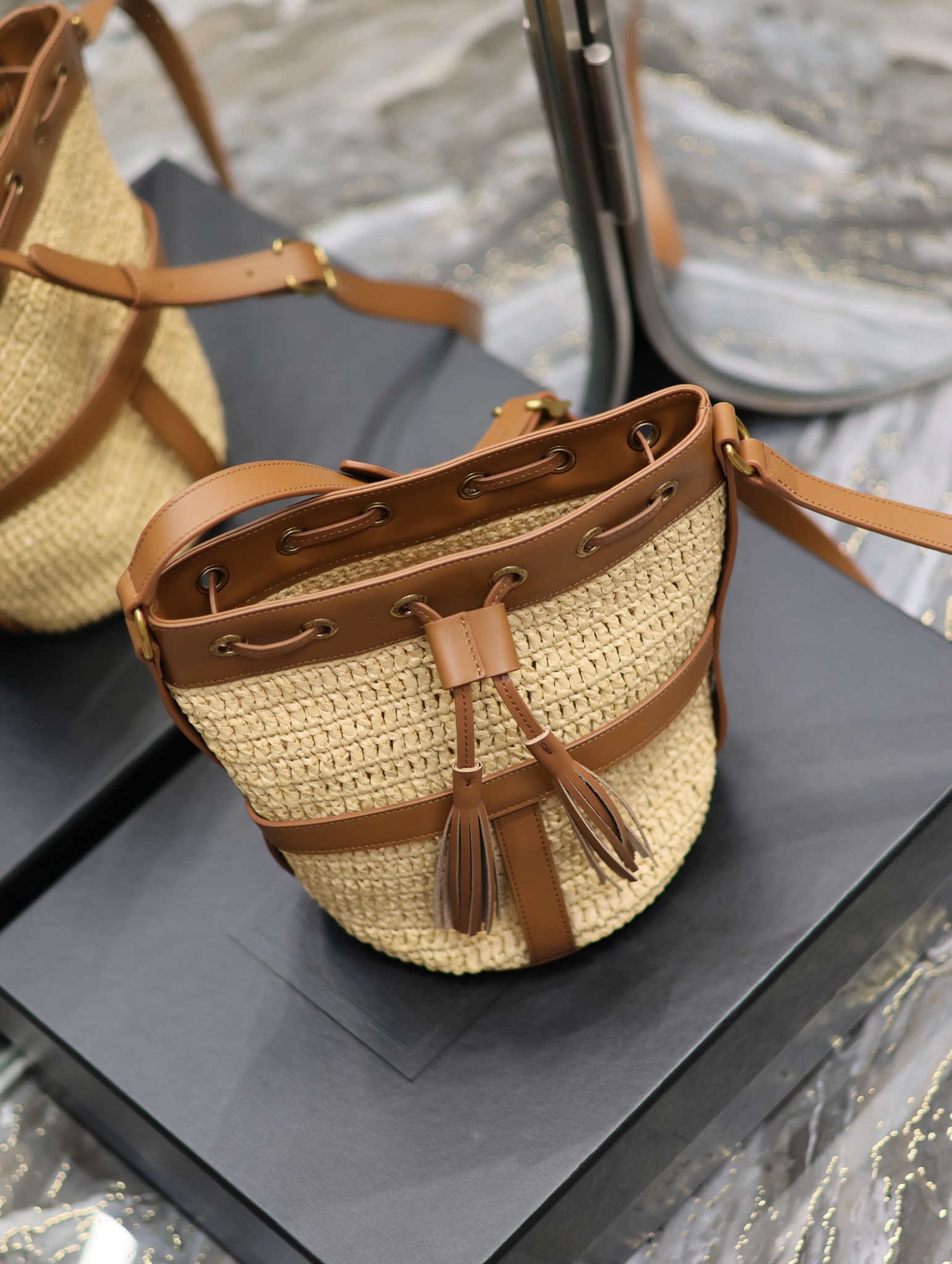YSL Raffia Straw Craft Bucket Bag-22×15×15CM